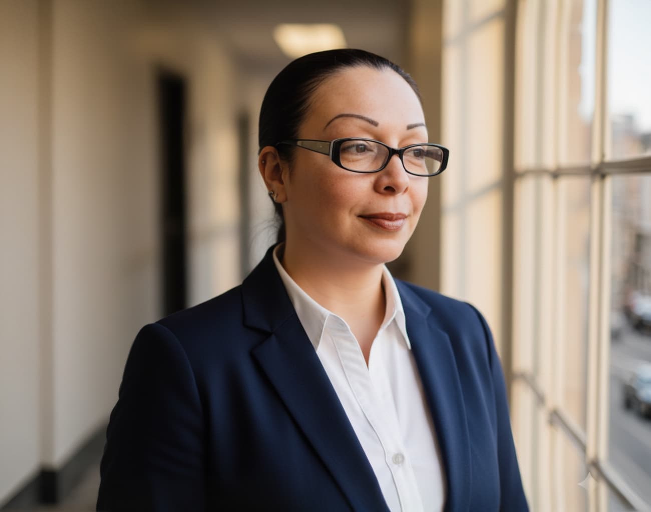 Jacqueline Valentin, founder of JVF Services, wearing a navy blazer near a sunlit window